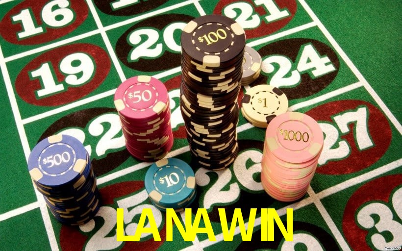 Escena dinámica inspirada en casino con iluminación LANAWIN, cartas, fichas e íconos de juegos digitales en un espacio moderno de juegos.