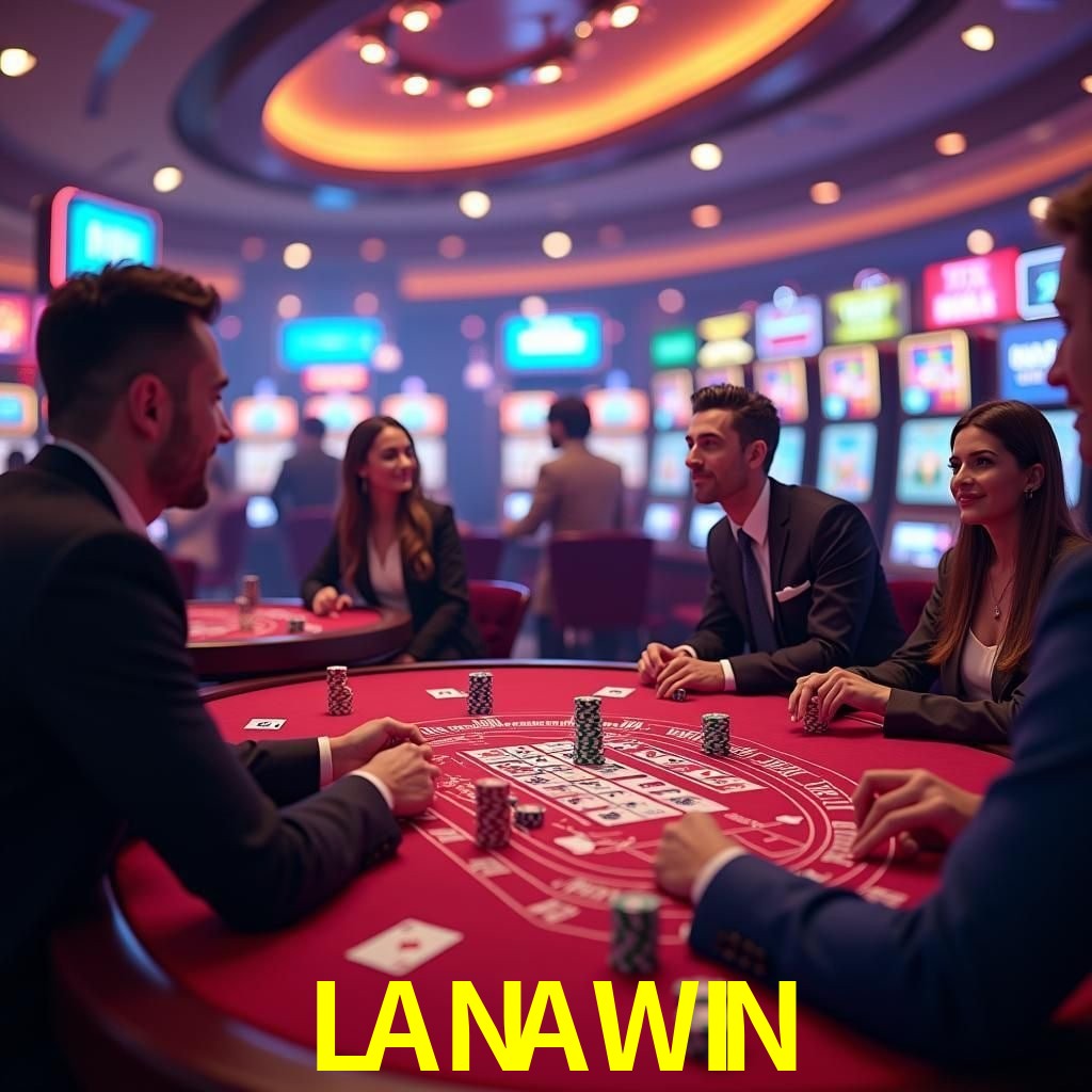 Una escena digital vívida inspirada en casino con LANAWIN mostrado prominentemente, luces brillantes, fichas, cartas y acentos dorados.