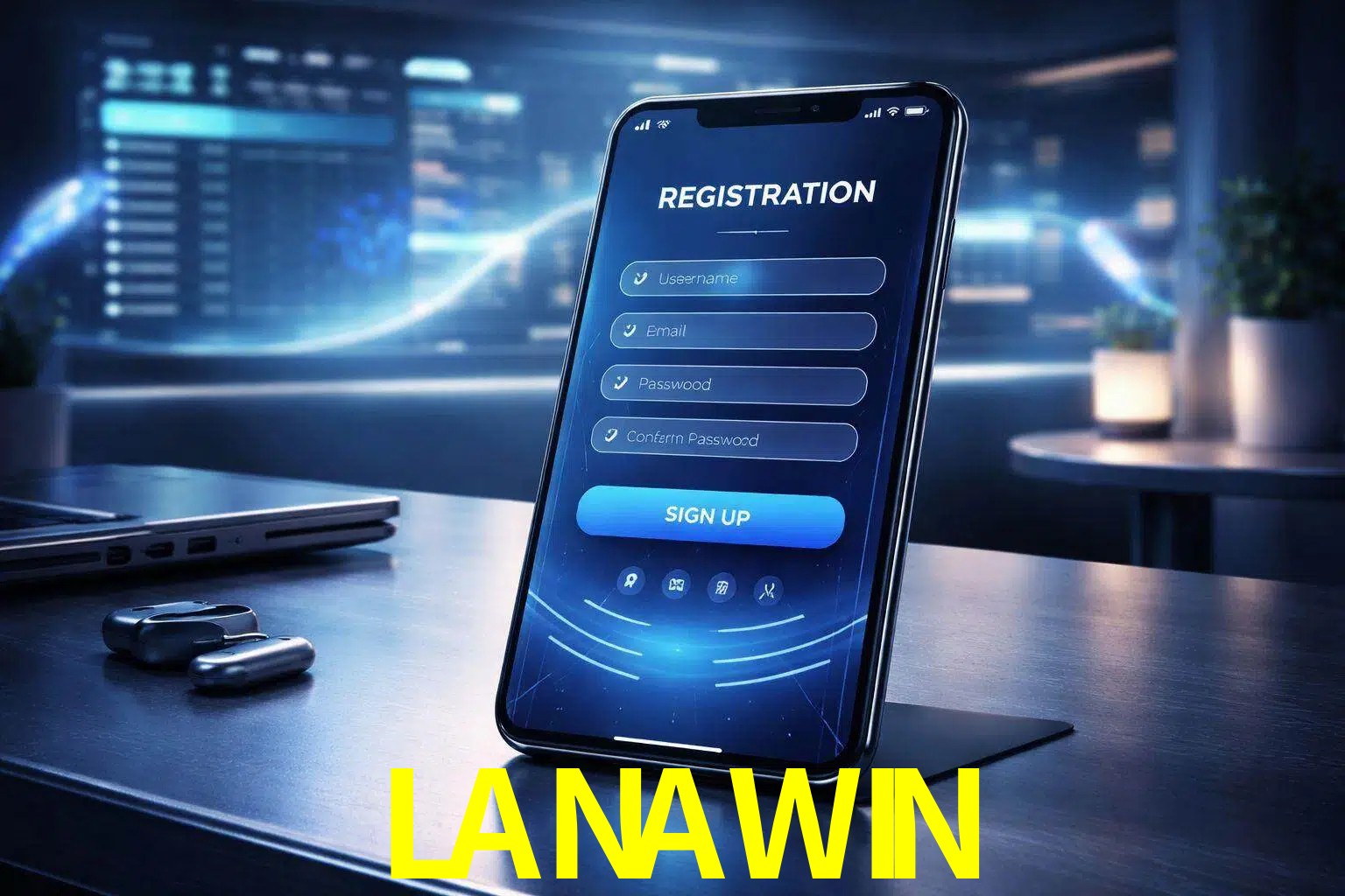Una interfaz moderna de registro móvil para LANAWIN mostrada en un smartphone con un panel de apuestas elegante.